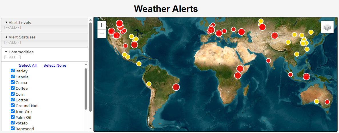 Interactive global commodity alerts map with filters for alert level, status and commodity